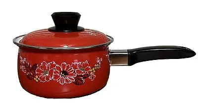 Vintage 70's Red Floral Enamelware Sauce Pan With Lid • $20