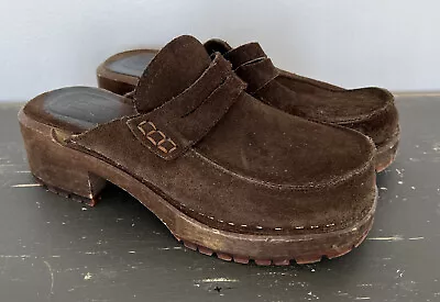 Vintage 90's J. Crew Chunky Wooden Suede Clogs Shoes Dark Brown EU 37 Italy • $49.99