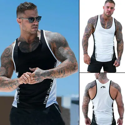 Men's Workout Vest Tank Tops Male Summer Bodybuilding Gym Muscle Fitness T Shirt • £7.80