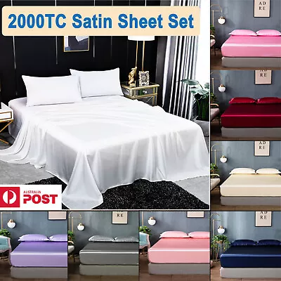 Silk 2000TC Satin Fitted Sheet Set Bedding Pillowcase Single/Double/Queen/King • $3.79