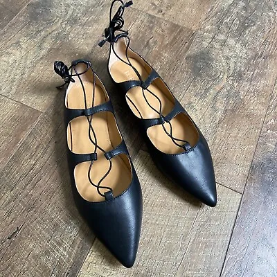 J. Crew | Soft Black Leather Lace Wrap Up Leg Pointed-toe Flats Size 8.5 • $39.99