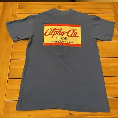 Vintage 80s Alpha Chi Fraternity Formal Single Stitch Shirt Medium Blue USA • $22.49