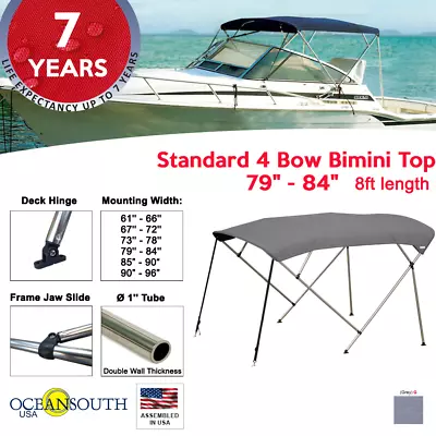 Standard BIMINI TOP 4 Bow Boat Cover Gray 79 -84  Wide 8ft Long W/ Rear Poles • $159.60