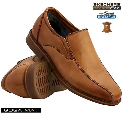 Skechers Mens Tan Leather Slip On Dress Casual Memory Foam Smart Shoes Boots Sz • £44.95