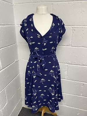 Collectif Vintage Navy Floral Tea Dress Tie Waist 1950s Style Ladies UK12 PP • £18