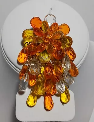 Vintage W.Germany Orange Yellow Clear Lucite Faceted Bead Flower Dangle Brooch • $20