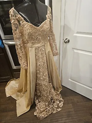 Mnm Couture Champagne Gold Lace Sheer Long Sleeve Gown  14 • $489