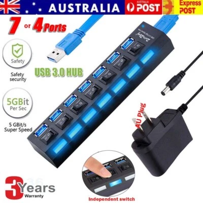 $16.98 • Buy 4/7 Port USB 3.0 HUB Powered High Speed Splitter Extender PC AC AU Adapter Cable