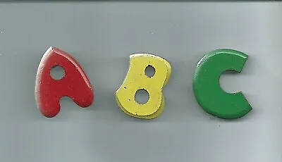 3 Wooden Shank BUTTONS Red A Yellow B Green C Sewing Crafts Painted Wood Vintage • $9.75