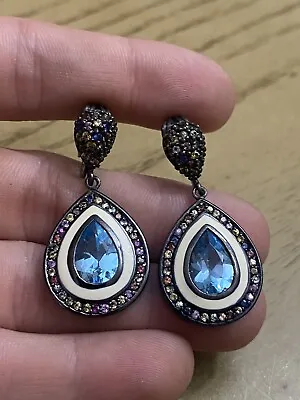 MCL Matthew Campbell Sterling Multicolored Sapphires Topaz Drop ClipOn Earrings • $1500