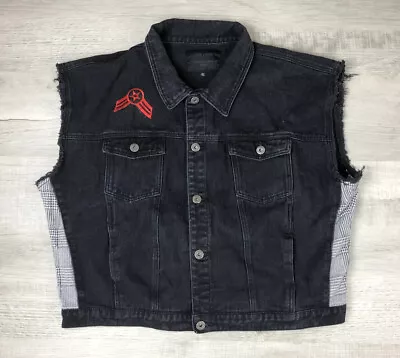 Liquor N Poker Jean Jacket Vest Black Sleeves Biker Denim Punk Rock Mens Size XL • $44.70