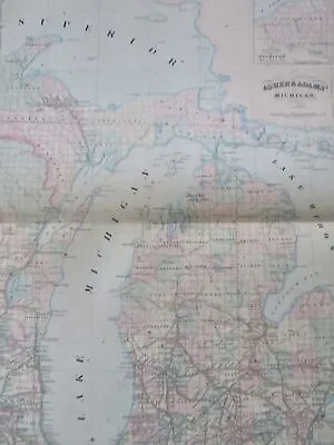Michigan State Wisc. Coast 1872 Scarce Hand Colored Large Asher & Adams Map • $135