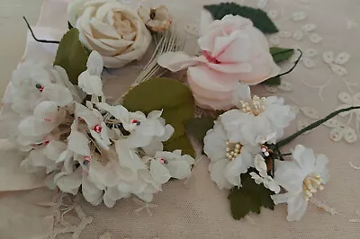 LOT Antique Millinery Off White Pink Flowers Roses Violets JAPAN VINTAGE Stamens • $12.99