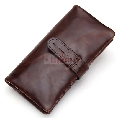 Vintage Men's Genuine Leather Long Wallet Bifold Money Credit Card Holder Purse • $18.23