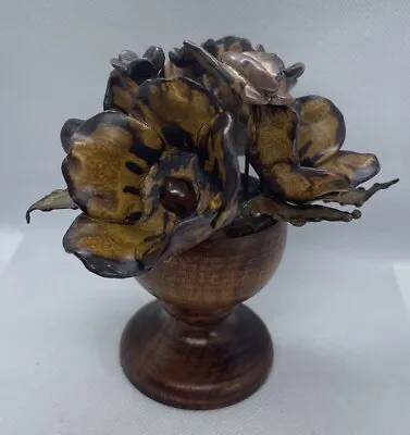 Vintage Metal Flower Sculpture With Butterfly In A Wood Vase - MCM Winifred Cole • $18