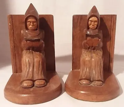 Hand-Carved Wooden Bookends 2 Hooded Smiling Monk Figures Reading The Bible 8  • $14.99