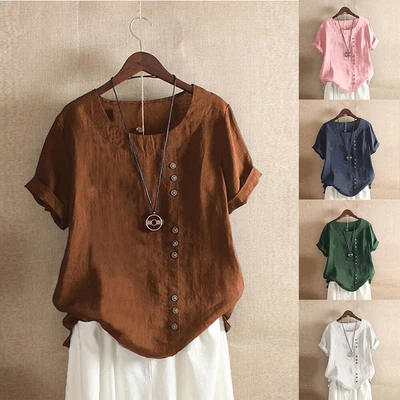 $18.99 • Buy Womens Cotton Linen Tunic Tops Blouse Summer Ladies Short Sleeve Shirt Plus Size