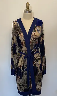 NEW Willow & Clay Burnout Velvet Floral Kimono Robe Duster  S/M Navy-Beige-Tan • £37.59