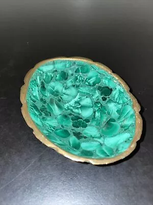 Vintage Green Malachite Gemstone 8  Trinket Jewelry Dish Bowl Fluted Brass Rim • $14.99