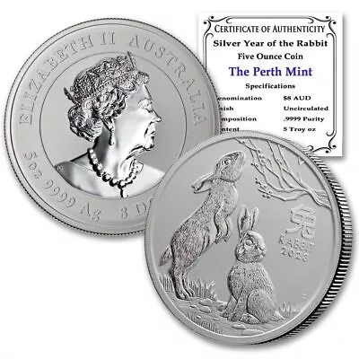 Australia 2023 5oz Silver Lunar Series III Year Of The Rabbit BU W/ CoA • $194.21