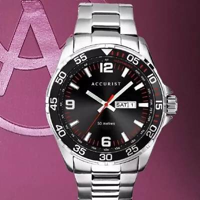 Accurist 7352 Black Dial S/S Bracelet RRP £99.99 Mens Quartz Watch 2Yr Guarantee • £44.90