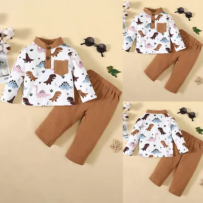 Newborn Baby Boys Dinosaur Printed Outfits Button Up T-Shirt Pants Clothes Set • £5.79