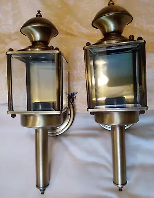 Pair Vintage Style Brushed Brass Coach Lantern Indoor Wall Lamps Bevelled Glass • £25