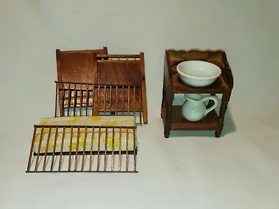 Vintage Dollhouse Dry Sink With Ceramic Pitcher & Bowl And Wood Crib • $18