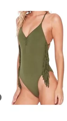 L*SPACE GYPSY Swimsuit FRINGE DETAIL V-NECK ONE PIECE SWIMSUIT SIZE 10 Green • $50