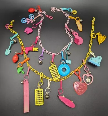 Vintage 80's Plastic Bell Clip Charm Necklaces With Charms  • $39