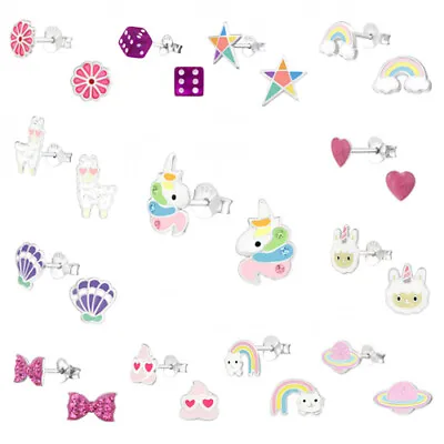 Silver Earrings Studs Kids Girls Women Unicorn Rainbow Heart Shell Star Emoji • £5.45