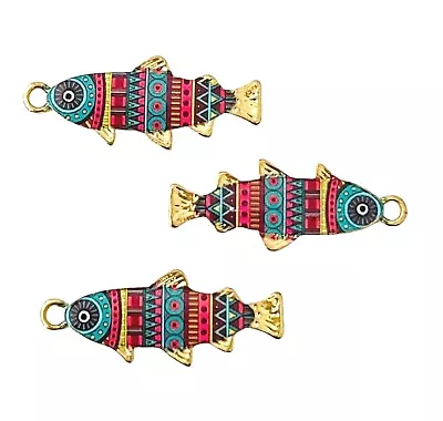 10 Gold Blue Pink Multicolor Enamel Designer Fish 27mm Bead Drop Charms Pendants • $4.99