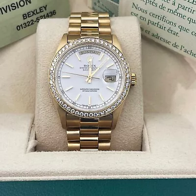 ROLEX DAY-DATE 36 YELLOW GOLD PRESIDENTIAL WHITE DIAL DIAMOND BEZEL Ref: 18038 • $18900