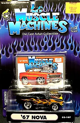 MUSCLE MACHINES 1/64 ‘67 Chevy Nova #02-107 Black With Flames Series Mint • $9.99