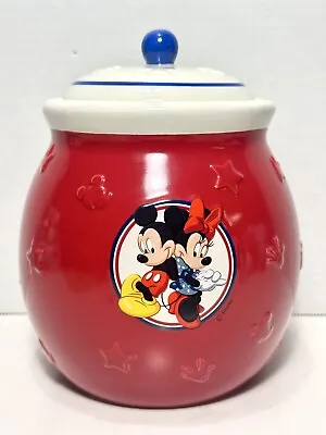 Disney Cookie Jar Mickey And Minnie Mouse Red White Blue Ceramic With Lid • $22