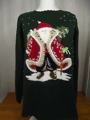 The Quacker Factory Womens MEDIUM Hunter Green Santa Crewneck Holiday Sweater M • $17.95