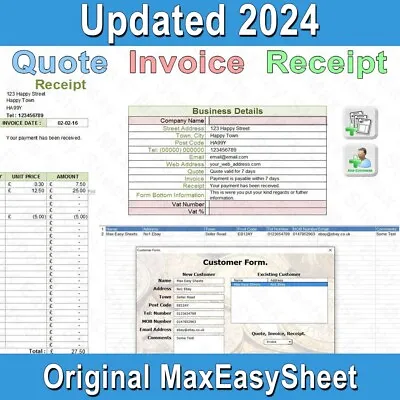 Invoice Receipt Quote Invoice Template Invoice Generator Excel Spreadsheet UK • £4.99
