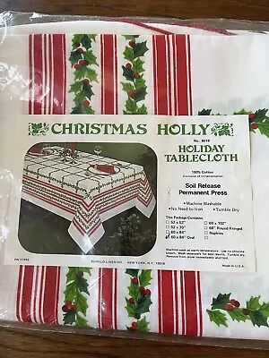Vintage NEW 80's Christmas Holly Holiday Tablecloth Sunglo Linen 60X84 Oval • $24.95
