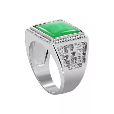 Men's Silver Plated Green Gemstone 13mm Square Shape Ring Size 8 - 11 • $12.99