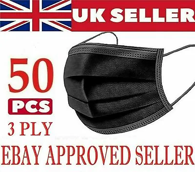 50 X Disposable Black Face Masks 3 Ply Dental Non Medical Surgical Mask Covering • £3.40