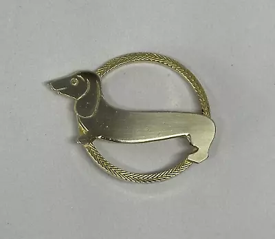 Vintage Miniature Dachshund Weiner Dog Gold Tone Circular 1.9  Brooch Pin • $11.99