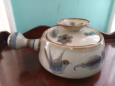 Vtg TONALA MEXICO Pottery Covered Pot Handle Pale Blue Birds Flowers Signed KE • $18.75