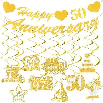 50th Wedding Anniversary Decorations Gold Happy 50th Anniversary Banner And W... • $21.08