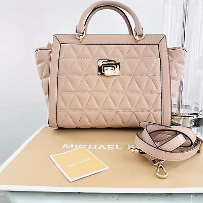 NWT Michael Kors Quilted Satchel Beige Oyster Vivianne Large Zip Shoulder Bag • $198.24