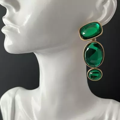 Green Jelly Cabochon Earrings Pierced Dangle Gold Runway Statement Mogul Chunky • $6.99