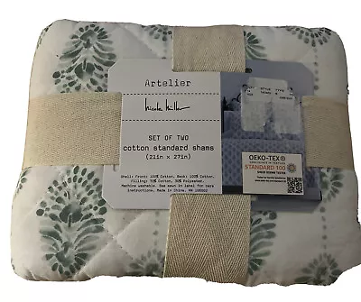 SET 2 New Nicole Miller Quilted Cotton Standard Shams White Green Floral Crest • $18.99