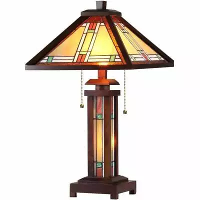 Tiffany Style Mission Design Double Lit Table Lamp Lighted Base Lt Bronze Finish • $219.77