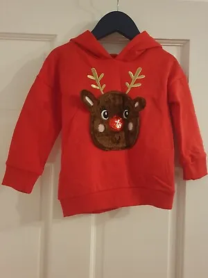 Red Christmas Jumper Hooded Reindeer Rudolph F&F 12-18 Months  • £3