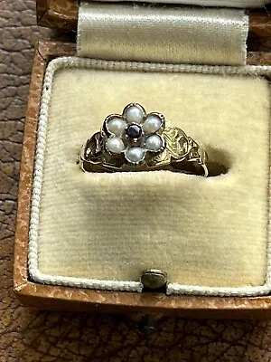 £230 • Buy Georgian 15ct Gold Garnet & Split Pearl Cluster Ring Engraved Shoulders & Shank