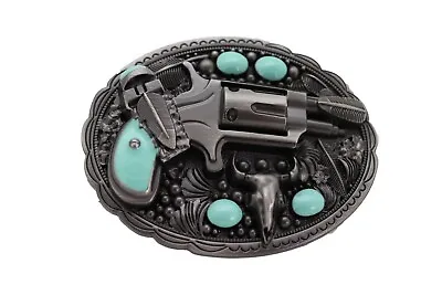 Men Western Belt Buckle Silver Metal Revolver Pistol Gun Feather Bull Turquoise  • $10.95